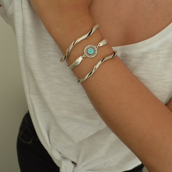 Antique Silver circle engraved cuff with a turquoise enamel floral coin, Stacking Wristband Bracelets, Bohemian Delicate Minimalist Cuff