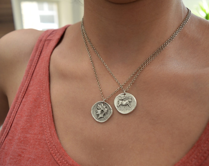 Replica of Greek Coin Charm, Nymph - Goddess Nike & Bull Neopolitis Stater Coin Necklace, Medallion Necklace, Tribal Ethnic Layering Jewelry