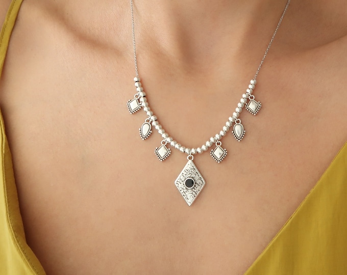 Bohemian Antique Silver Chandelier Necklace, Rhombus Black Enamel Pendant, Boho Tassel Gypsy Turkish Jewelry, Free People Style,Gift for her
