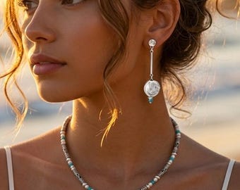 Long Turquoise - White Jade Drop Earrings with Silver Bar Design: Drop & Dangle Bar Earrings, Modern Geometric Minimalist  Bold Jewelry