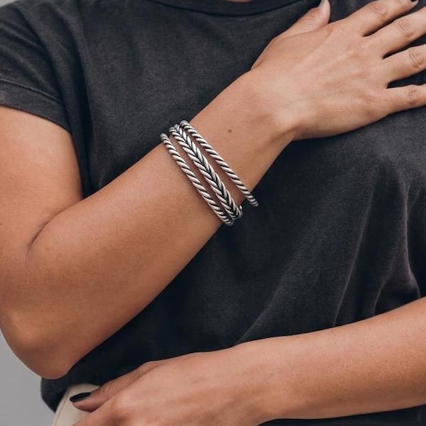 Silver Braided Cuff Bangle: Stacking Layering Bracelet, Mix n Match, Ethnic Statement Jewelry, Handcrafted Festival Bracelet, Gift for Her