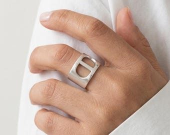 Silver THETA Letter Ring: Hellenic Greek Symbol Jewelry, Unique Artisan Statement Ring, Festival Jewelry for Her, Adjustable US Size 6.5-8