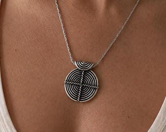 Silver Spiral Pendant Necklace: Geometric Circle Pendant, Boho Tribal Necklace, Layering Jewelry