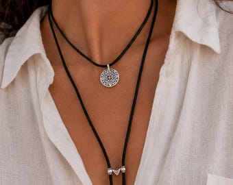 Black Suede Wrap Choker Necklace: Floral Coin Choker, Coin Charm Bolo Tie, Multiway Jewelry, unique handmade gift for her
