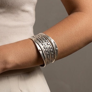 Silver Dotted & Twisted Cuff Bangle: Stacking Layering Adjustable Boho Bracelet, Ethnic Statement Jewelry, Handcrafted Festival Gift for Her