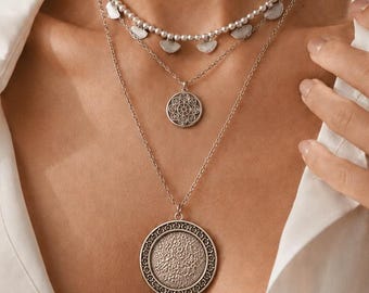 SET of THREE silver GEOMETRIC Coin necklaces: layered stacking round coin charms, boho bohemian dainty hippie jewelry, Handmade gift for her