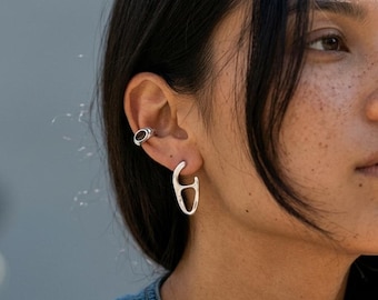 Silver Single Ear Cuff with colour: No Piercing Earring, Minimalist Silver Ear Wrap, Modern Statement Geometric Ear Jewelry
