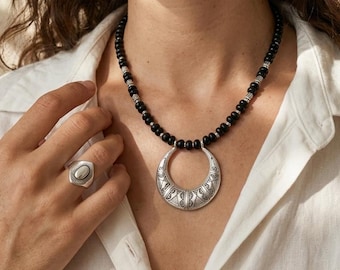 Large Tuareg Crescent Pendant Necklace with Black Glass Beads: African Amulet, Tuareg Tribal Ethnic Jewelry, talisman pendant, gift