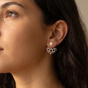 Gold Lotus Flower Ear Jackets: Geometric Stud Earrings, Modern, Minimalist, Bold Statement Contemporary Jewerly, Artistic Gift for Women