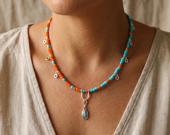 Orange & Turquoise Beaded Necklace: Boho Statement Colourful Summer Necklace, Silver Charm Necklace, Mediterranean Jewellery