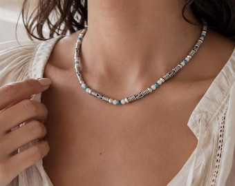 Turquoise & White Jade Bead Choker Necklace: Ethnic Silver Beaded Necklace, Southwestern Jewelry, Summer Layering Choker