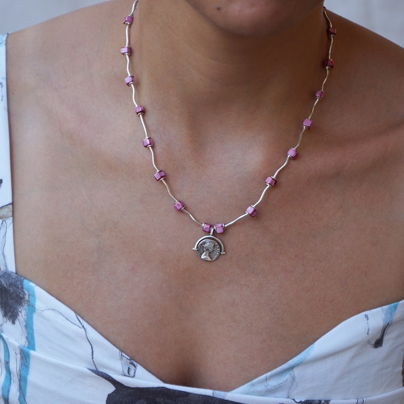 Handmade Pink/Blue/Green ceramic cubic beads Necklace with a Queen Elizabeth coin charm, Colourful Ethnic Tribal Modern Mix n Match Jewelry Pink Ceramic