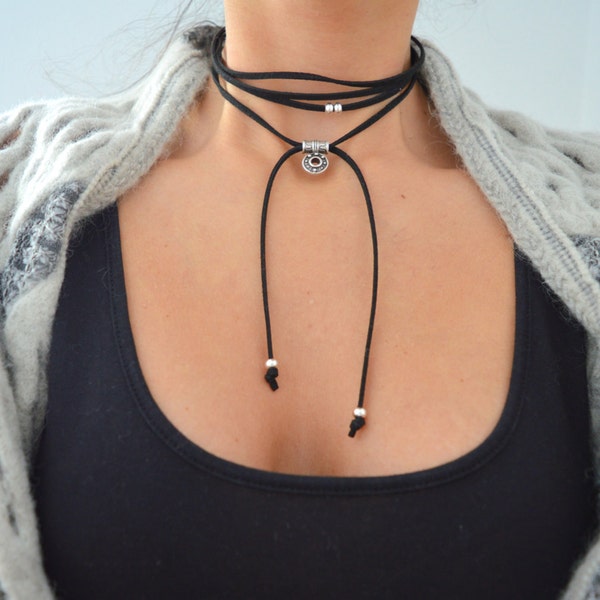 Black suede choker with hollow CIRCLE, Silver Charm necklace, Black Suede Choker, Wrap Necklace, Tie Up Bolo Necklace, Bohemian Necklace