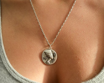 Silver NEFERTITI Pendant Layering necklace, Egyptian Boho Medallion Necklace, Ethnic Feminine Woman statement Coin Disc, Everyday jewelry