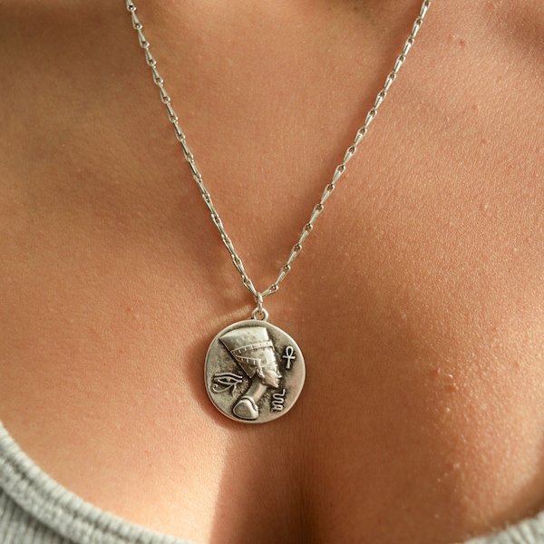 Silver NEFERTITI Pendant Layering necklace, Egyptian Boho Medallion Necklace, Ethnic Feminine Woman statement Coin Disc, Everyday jewelry