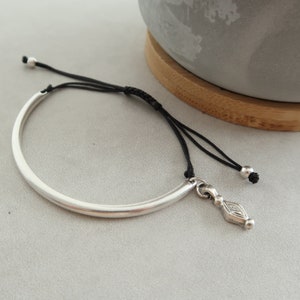 Silver Semi Cuff Bracelet: Engraved Charm, Adjustable Wristband
