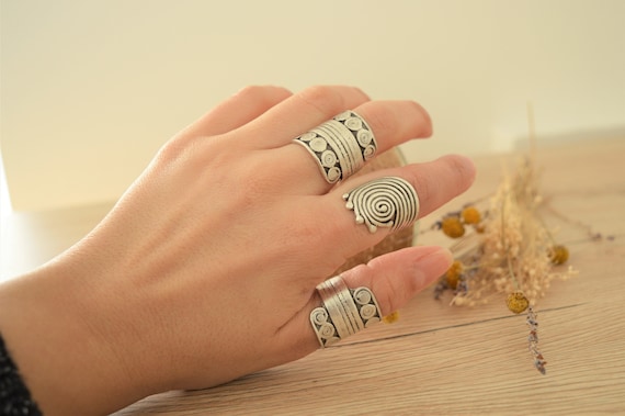 Large Silver Spiral Ring: Ethnic Statement Ring, Hellenic Greek Symbols, Handmade Tribal Jewelry, Unique Bold Ring, Adjustable US Size 7-8.5