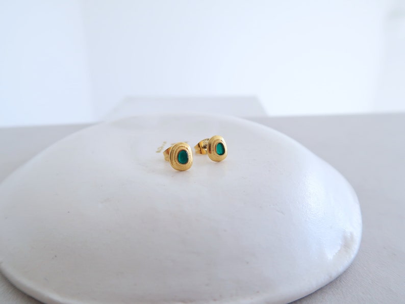 Gold Plated Free Form Organic Shape Earrings with White/Orange/Emerald Enamel, Dainty Ethnic Delicate Vintage Style Stud earrings, gift Emerald