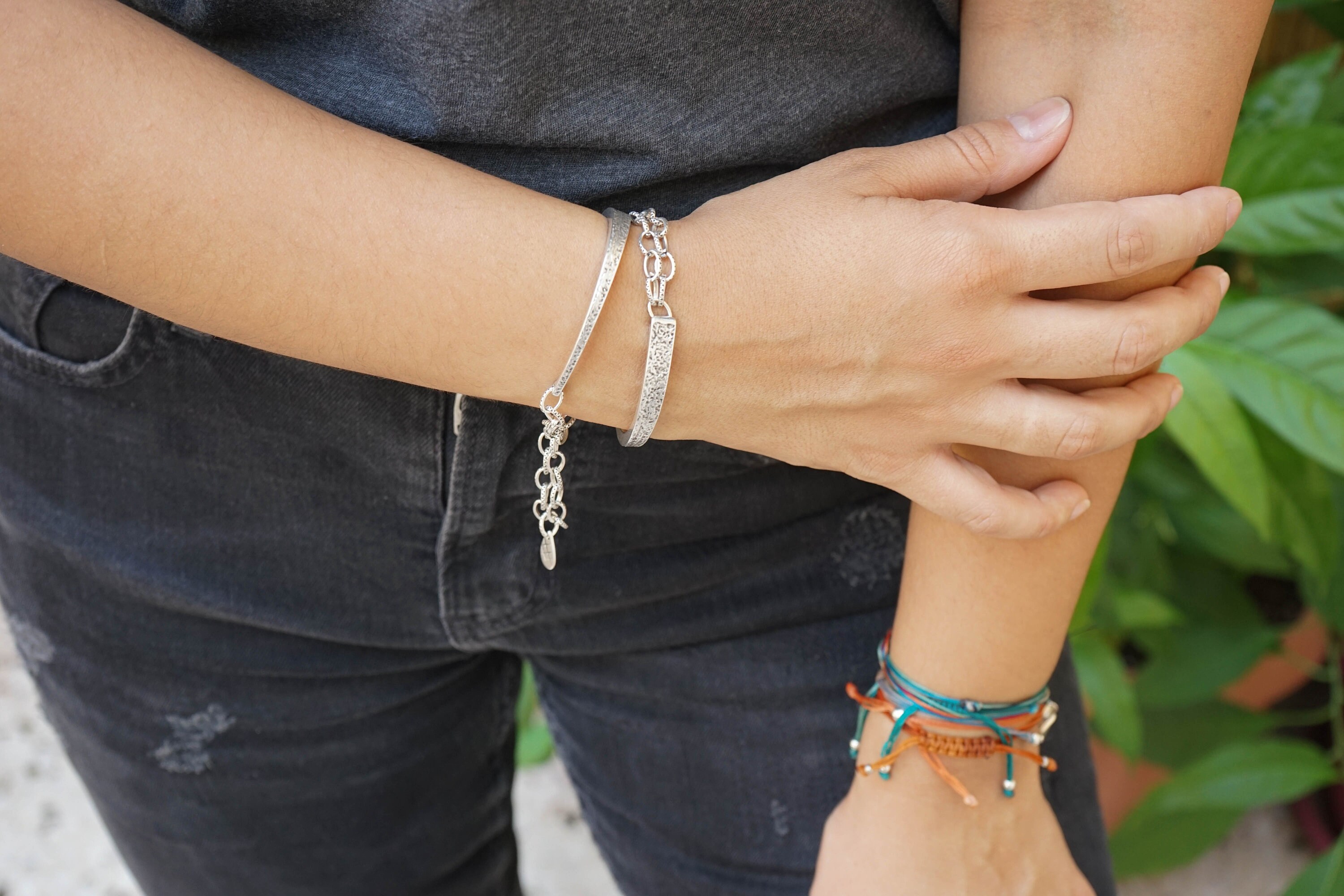 Silver Antique Hammered Half Cuff Chunky Cable Chain