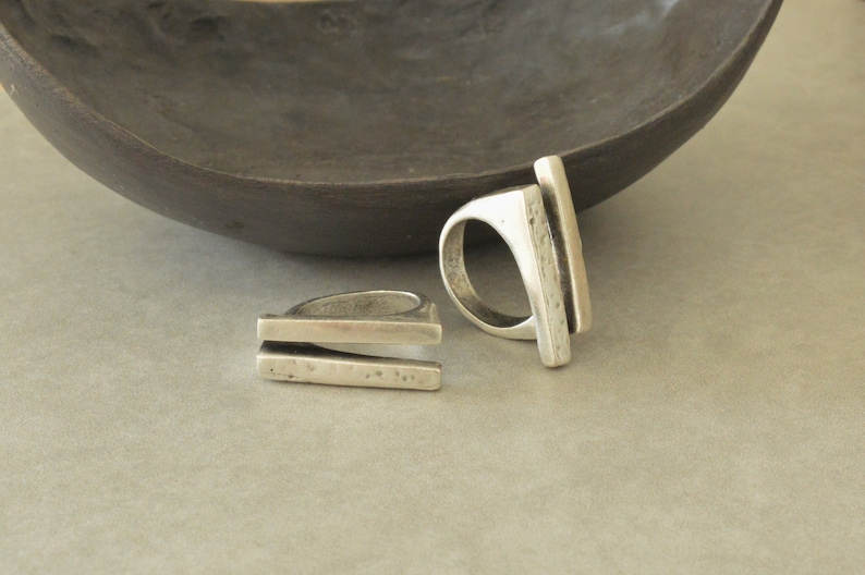 Antique Silver Two PARALLEL lines Ring, Unique Hammered abstract ring, Bohemian Silver Modernist Ring, Silver Band Jewelry,US Size 6.5-8inch image 7