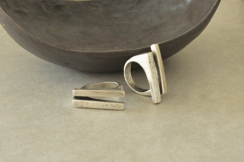 Antiker Silber Zwei PARALLEL Linien Ring, Einzigartige Gehämmerter abstrakter Ring, Boho Silber Modernist Ring, Silber Band Schmuck,US Größe 16,5-20cm Bild 7