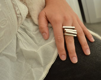 Antiker Silber Zwei PARALLEL Linien Ring, Einzigartige Gehämmerter abstrakter Ring, Boho Silber Modernist Ring, Silber Band Schmuck,US Größe 16,5-20cm