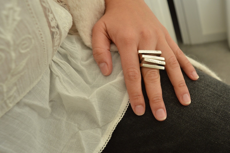 Antique Silver Two PARALLEL lines Ring, Unique Hammered abstract ring, Bohemian Silver Modernist Ring, Silver Band Jewelry,US Size 6.5-8inch image 1