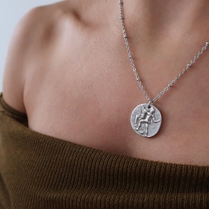 Ancient Greek Crete Coin HERCULES AND BULL Charm Necklace, Replique Coin Medallion, Tribal Ethnic Mythology Jewelry, Layered Coin Necklace