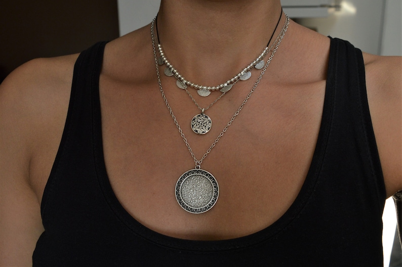 Set of three silver GEOMETRIC necklaces, layered stacking round coin charms jewelry, boho bohemian dainty hippie jewelry, gift for her zdjęcie 8