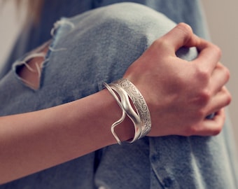 Wavy Antique Silver Open Cuff Bracelet• Sturdy Silver Abstract
