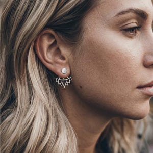 Silver Lotus Flower Ear Jacket Earrings:  Ethnic Tribal Festival Yoga style Earrings, Handmade Bold Statement Nature Inspired,  Gift for Her