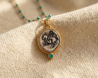 Pegasus Coin Necklace, Gold Stainless Steel Turquoise Beaded Necklace: Greek Mythology Pendant, Gold Layering Ancient Coin Necklace