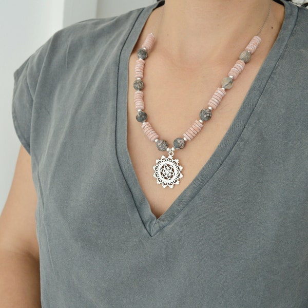 Pink Ceramic - Rhodonite Beaded Silver Engraved Flower Sun Pendant Necklace, African Moroccan Bohemian Ethnic Tribal Statement jewellery