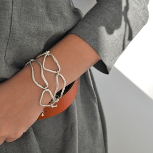 Matte Silver Free Form Circle Charm Double Bracelet, Geometric Chain Link bracelet, Bohemian Boho Ethnic Tribal Turkish Jewellery,6.5-8 inch image 1