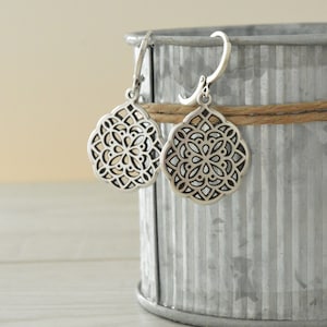 Silver Filigree Flower Charms Leverback Hoop Earrings: Discover Timeless Jewelry Treasures, Modern, MInimalist, Textured, Affordable Designs