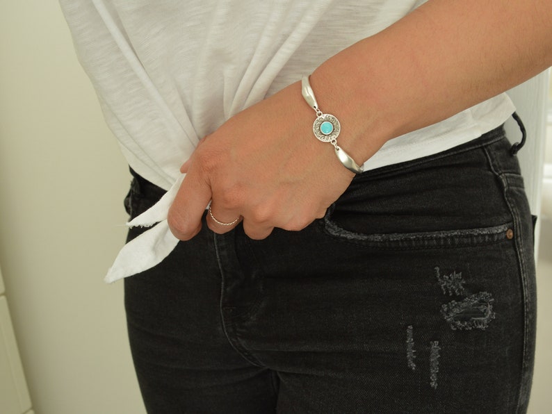 Antique Silver circle engraved cuff with a turquoise enamel floral coin, Stacking Wristband Bracelets, Bohemian Delicate Minimalist Cuff image 10