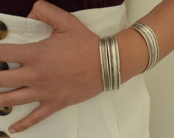 Antique Silver Engraved Cuff Bracelet - Bohemian Stacking Bangle