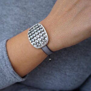 Large Silver Dotted Slider Cuff Bracelet, Grey Leather Bracelet, Hippie Style Rock Multistrand Leather Wrap Bracelet, Bohemian Wrap Jewelry