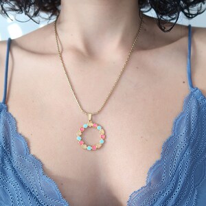 Gold WREATH pendant necklace wt Khaki-Mustard or Turquoise-Pink Enamel 24k gold plated floral pendant modern dainty delicate ethnic necklace image 3