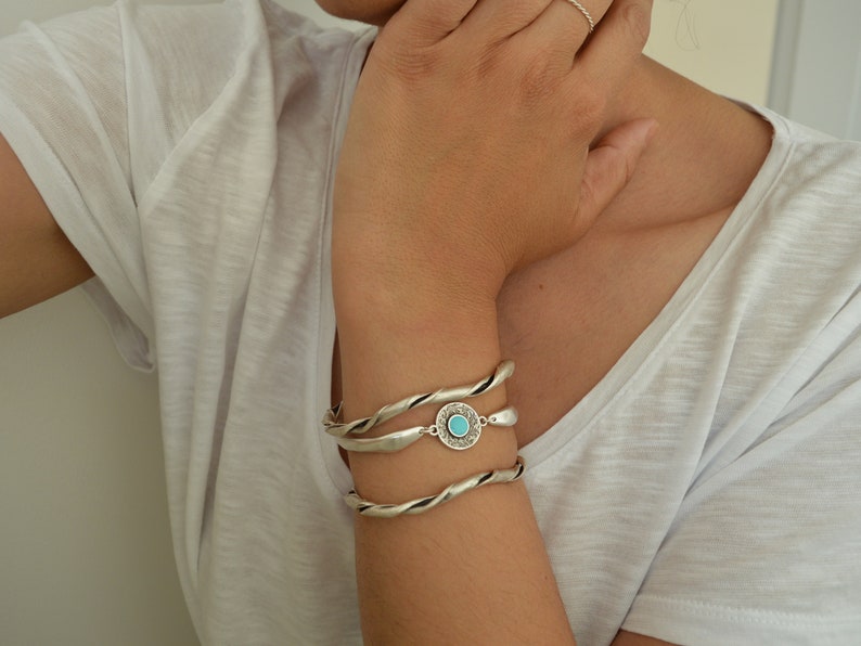 Antique Silver circle engraved cuff with a turquoise enamel floral coin, Stacking Wristband Bracelets, Bohemian Delicate Minimalist Cuff image 3