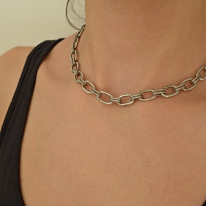 Antique Silver Thick Oval Chunky chain choker, Steel Chain Necklace, Punk Rock BikerStyle jewelry, Trace chain necklace, Cool gift for her