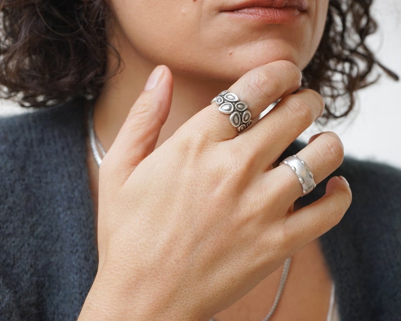 Antique Silver Large ARMOUR Band Ring wt Grains, Silver Balls Boho Ring Bohemian Minimal Adjustable Stacking Ring, Plated Chunky band ring image 5