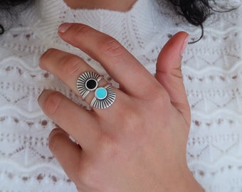 Antique Silver Black/Turquoise SUN RAYS ring, Bohemian simple chevalier ring, Dainty pinky Minimal hippie Ethnic Egyptian, gift for her