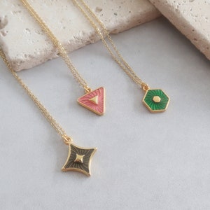 Gold Geometric necklace wt Enamel Khaki Diamond/Pink Triangle/Green Polygon Pendant, modern dainty delicate minimal jewellery, gift for her