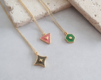 Gold Geometric necklace wt Enamel Khaki Diamond/Pink Triangle/Green Polygon Pendant, modern dainty delicate minimal jewellery, gift for her