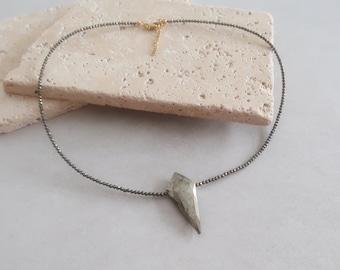 PYRITE Beaded Gemstone Necklace with Arrowhead Pendant, Bohemian Modern Delicate Punk Rock Style Semi-Precious Beads Jewellery, Gift for her