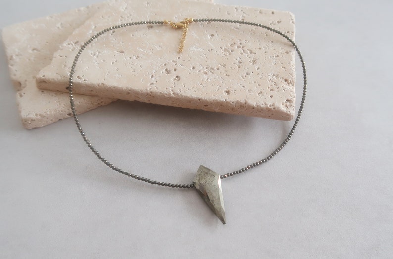 PYRITE Beaded Gemstone Necklace with Arrowhead Pendant, Bohemian Modern Delicate Punk Rock Style Semi-Precious Beads Jewellery, Gift for her image 1