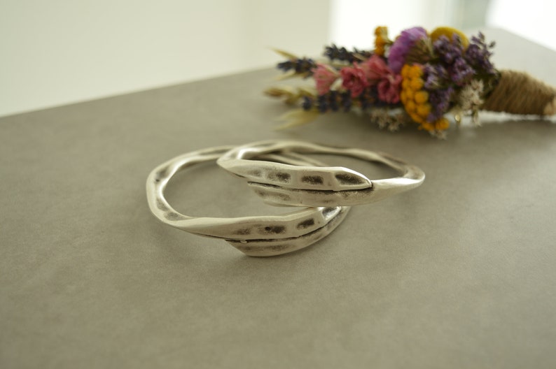 Silver THICK ROUND HAMMERED bangle cuff, circle shaped and oval shaped stacking bangle, Minimalist Arm Party Bangle, Free People Jewellery image 7