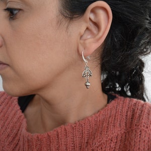 Bohemian Antique Silver dangling flower earrings, Silver dangle ear hook charm earrings, boho rock hippie lightweight earrings, Gift for her image 4