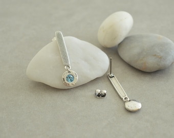 Aquamarine/Peridot Swarovski Stone Stud Earrings, Long Bar Delicate Rock Style Stone Earrings, Silver BirthStone Crystal Pushback earrings